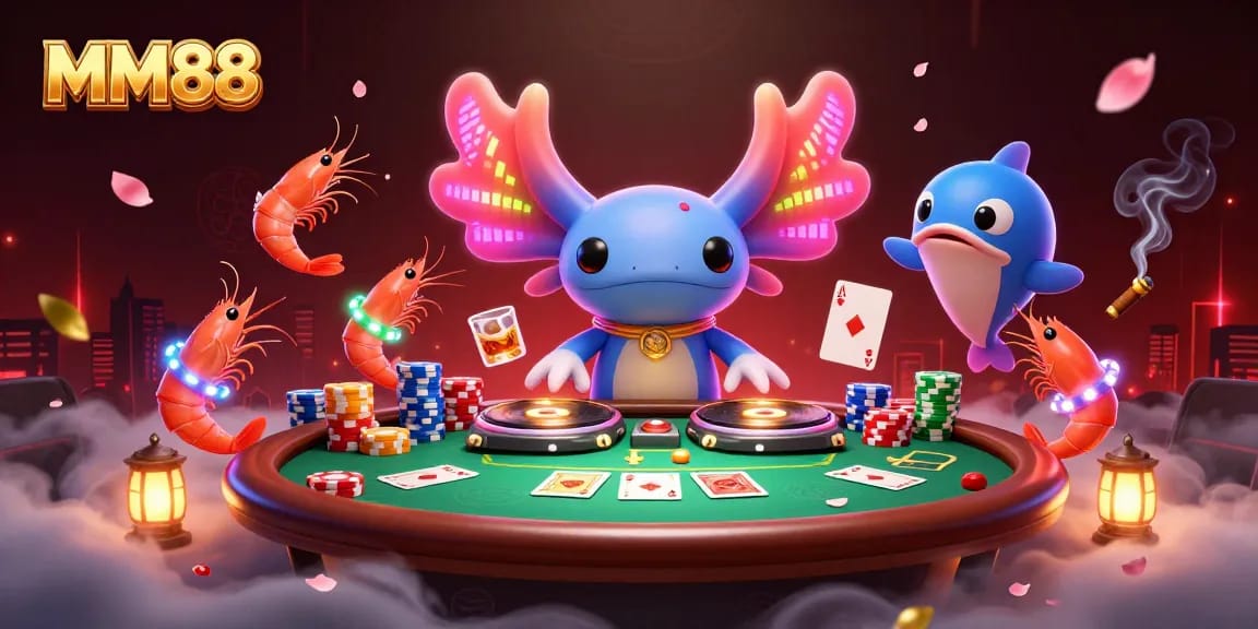 Experience lively gaming at MM88 with a vibrant DJ party scene featuring poker elements and animated marine characters.