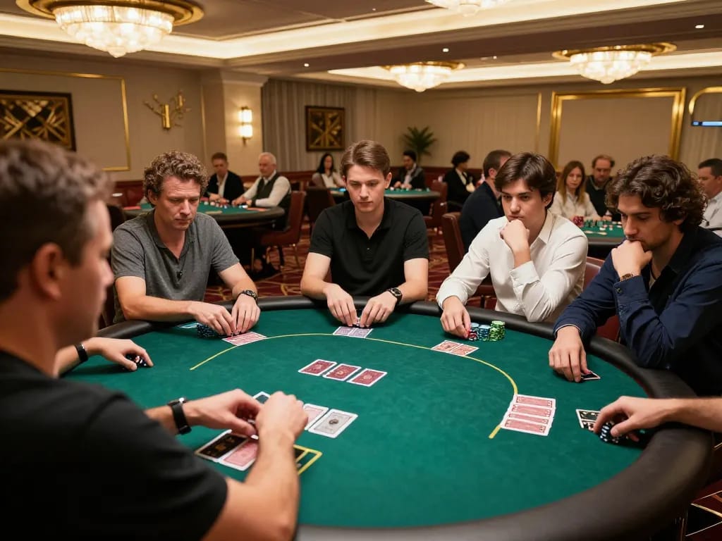 Players strategizing at a high-stakes poker table in qh88go casino, focused on the game