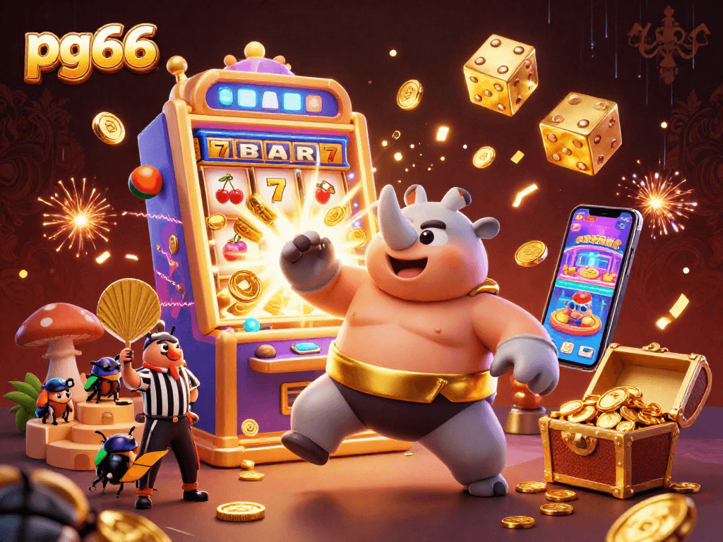 Experience the excitement of pg66 with a 3D rhinoceros beetle sumo champion amidst a burst of casino elements and golden coins.