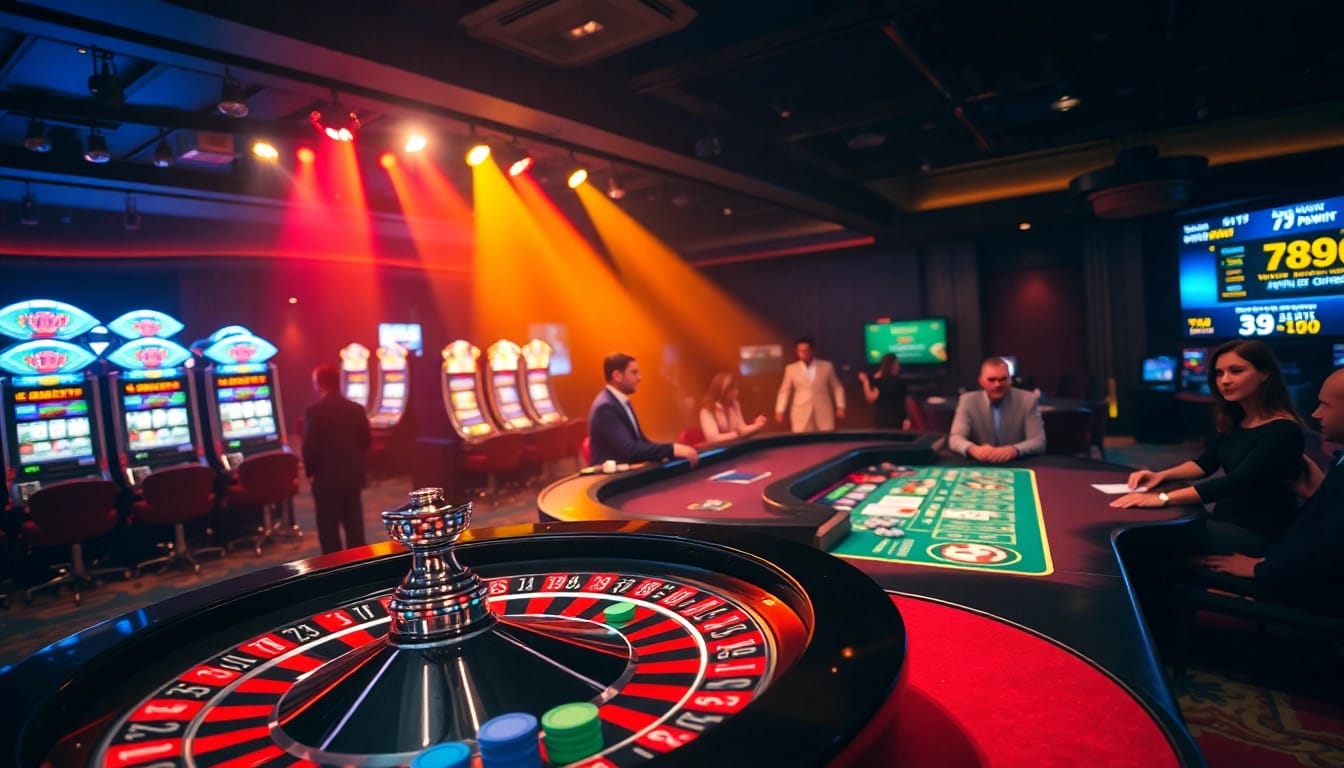 Players enjoying a thrilling casino experience at 789win with vibrant roulette and slot machines.