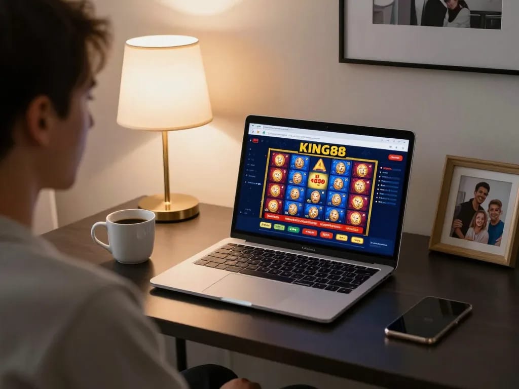 Player engaging with KING88 online casino on laptop in a cozy home setting, focusing on strategy and responsible gambling.