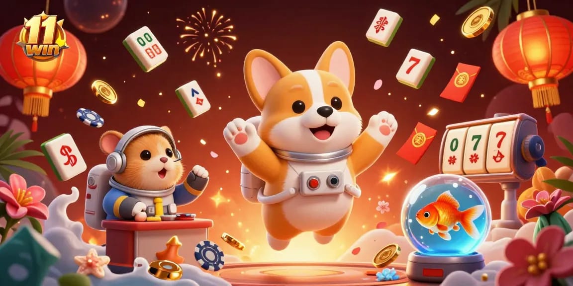 Win big at 11 win with a colorful casino-themed digital illustration featuring space characters.