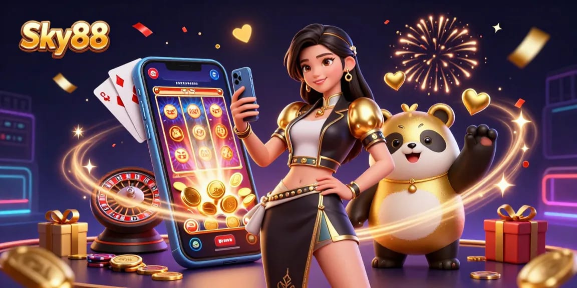 Experience the excitement of Sky88 with an Asian woman showcasing a casino game on her smartphone alongside a golden panda.