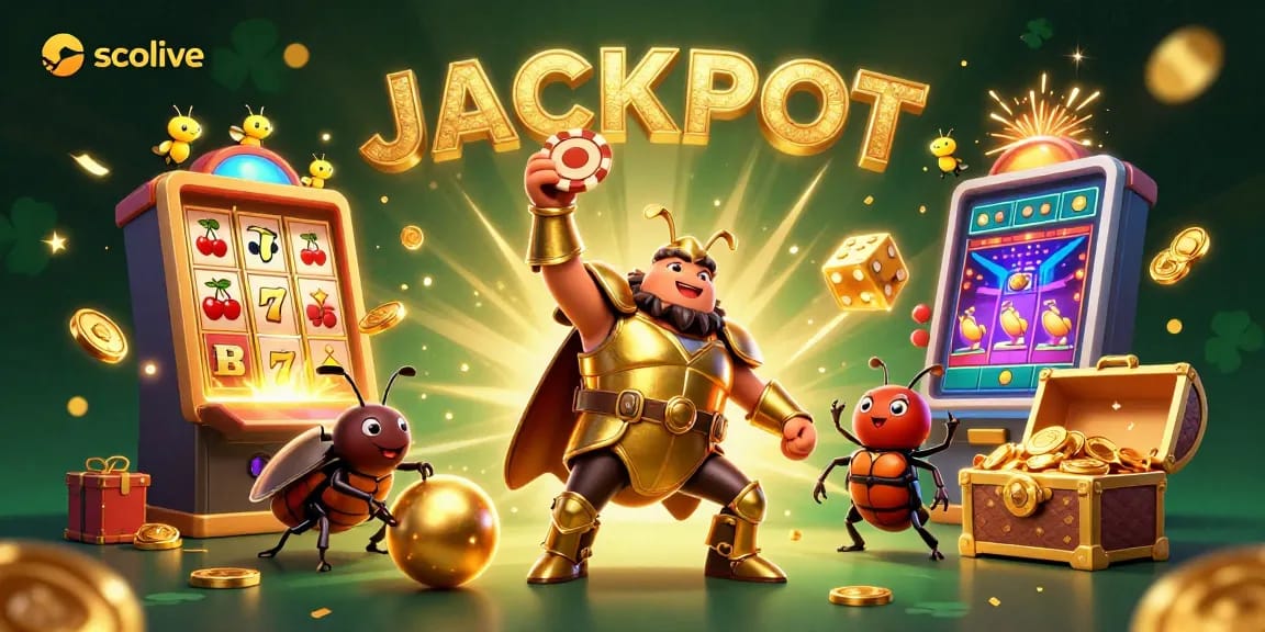 Socolive features a vibrant 3D illustration of a heroic beetle in armor lifting a poker chip amidst joyful casino elements.