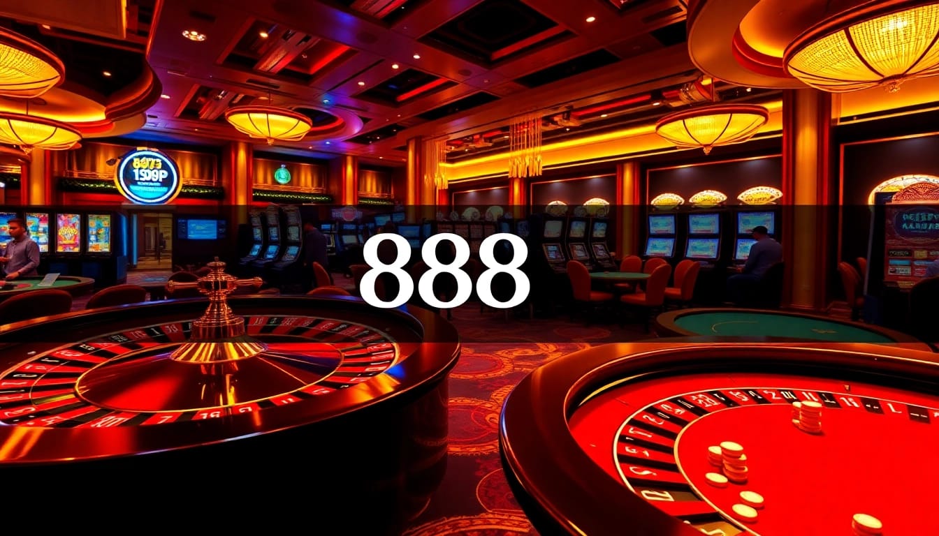 Experience the thrill of link 888P with players at vibrant casino tables and spinning roulette wheels.