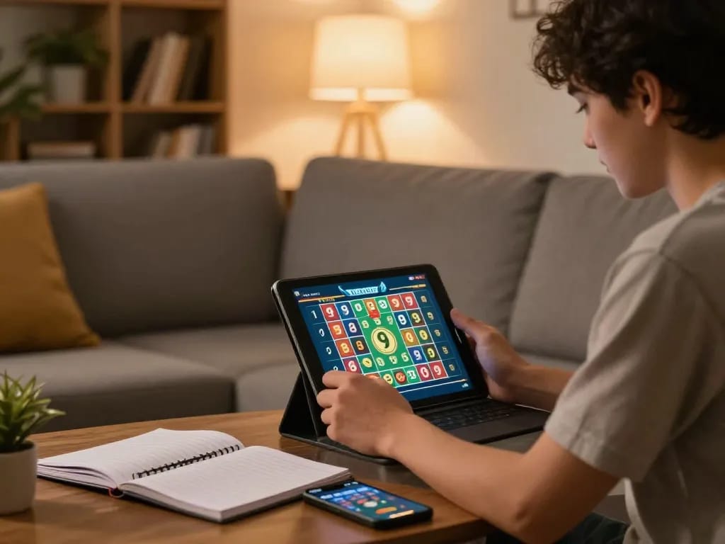 Player engaged in online 9 Lotto 4D gameplay at home, surrounded by strategy notes and casual decor