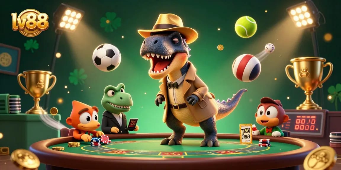 Experience the excitement of gaming at lv88 with a cartoon velociraptor at a blackjack table.