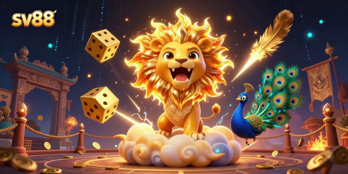 Engage in thrilling gameplay at sv88, with golden dice and a majestic lion symbolizing luck and victory.