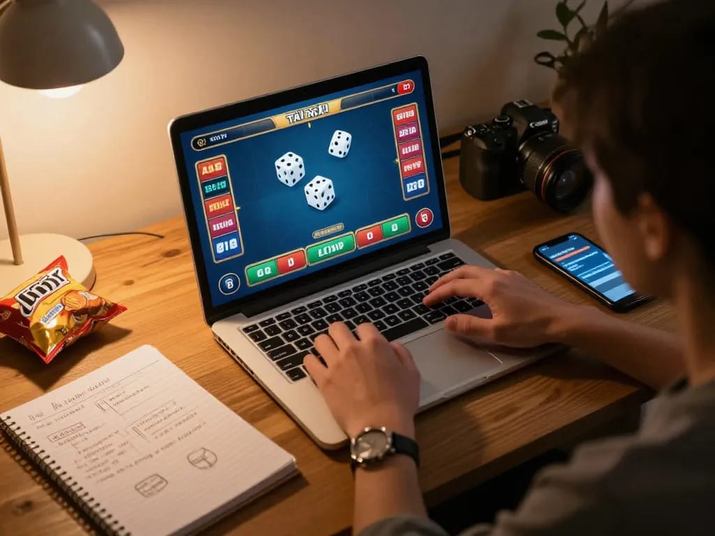 Tài xỉu online gameplay session with animated dice on laptop, showcasing strategic betting.