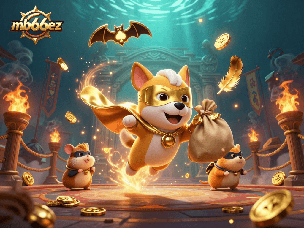 Engage with mb66ez as the superhero dog flies with gold coins and a poker chip symbol!