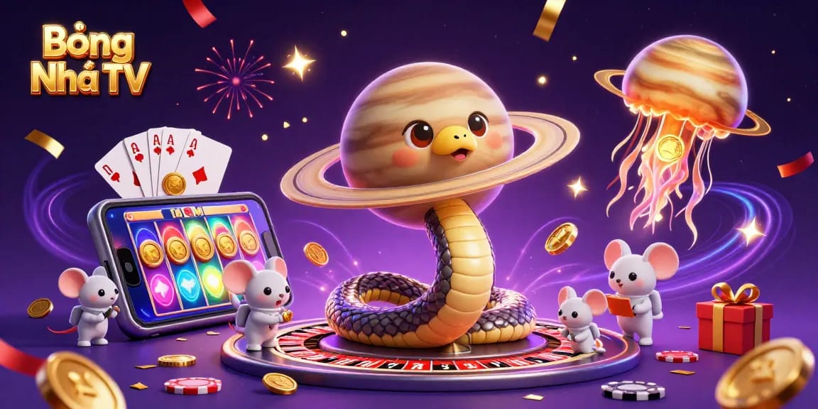 Experience Bóng Nhựa TV with vibrant betting scenes and colorful casino elements in a cosmic setting.
