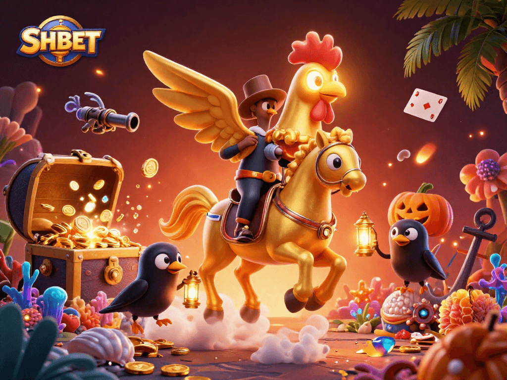 Win with SHBET at a vibrant casino filled with treasure and gaming action through a magical lens.