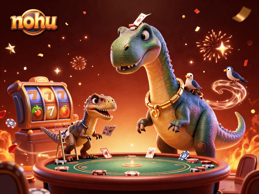 Nohu casino scene featuring a giant brontosaurus poking through the ceiling while a clever raptor deals cards.