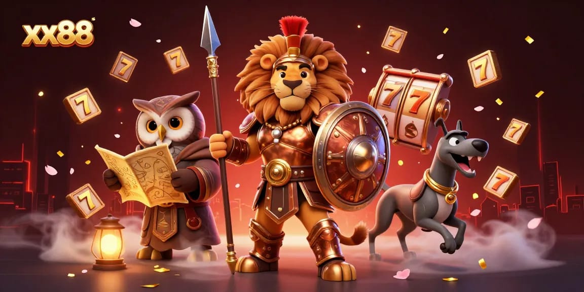 xx88 showcases an action-packed casino scene with a lion warrior, owl strategist, and greyhound messenger.