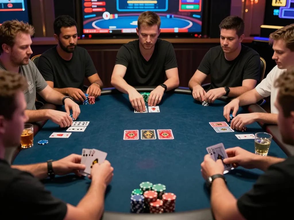 Players engage in a strategic poker game at nk88 online casino, showcasing vibrant community cards and chips.