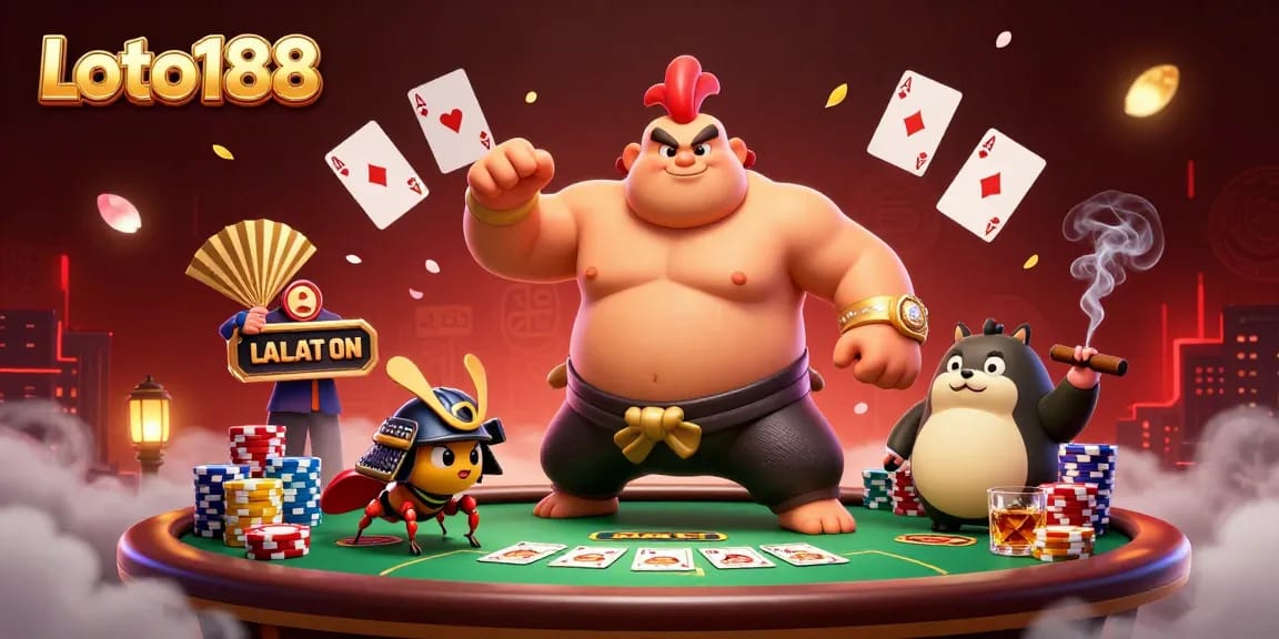 Loto188 features a dynamic scene of vibrant casino atmosphere showcasing a powerful rooster, a fierce cricket, and a tanuki, surrounded by poker elements.