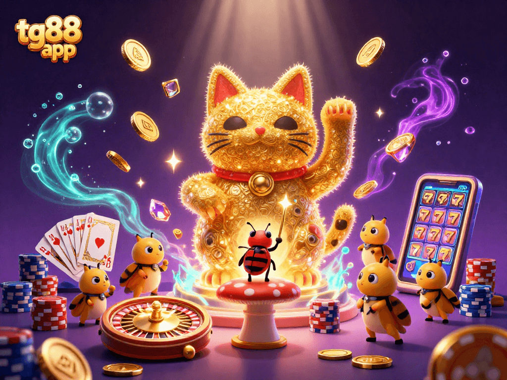 Experience winning with the tg88 app, featuring a dynamic lucky cat and casino symbols in 3D.