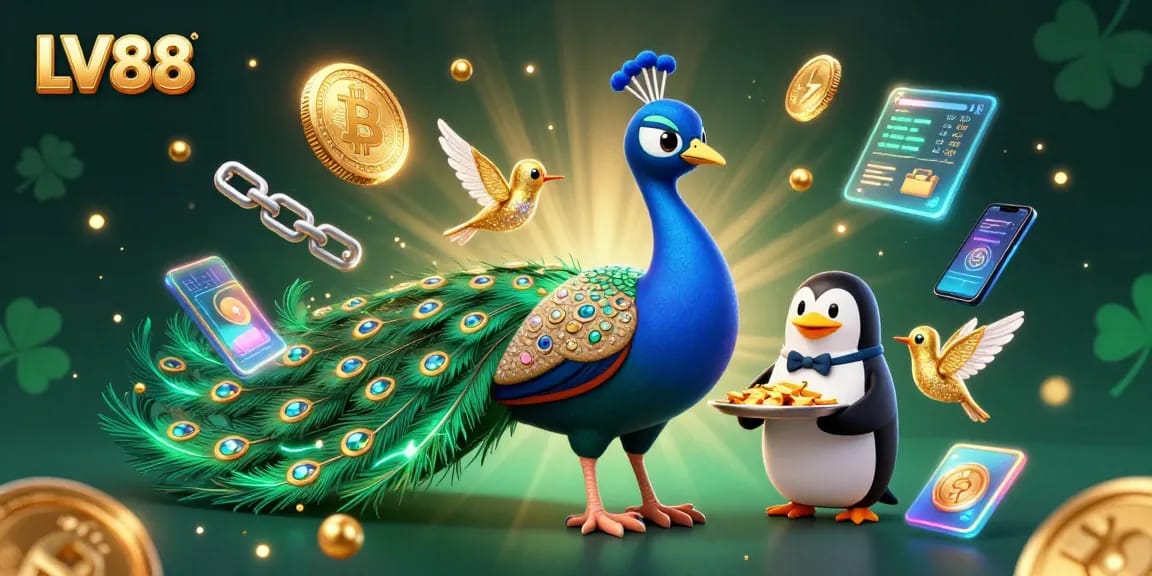 Experience thrilling gaming at LV88 with dynamic casino visuals and vibrant cryptocurrency elements.