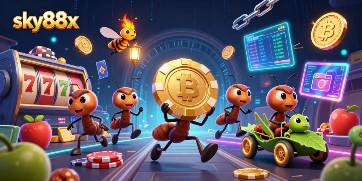 Engage with sky88x as ants heist a giant poker chip in a lively casino-themed scene.