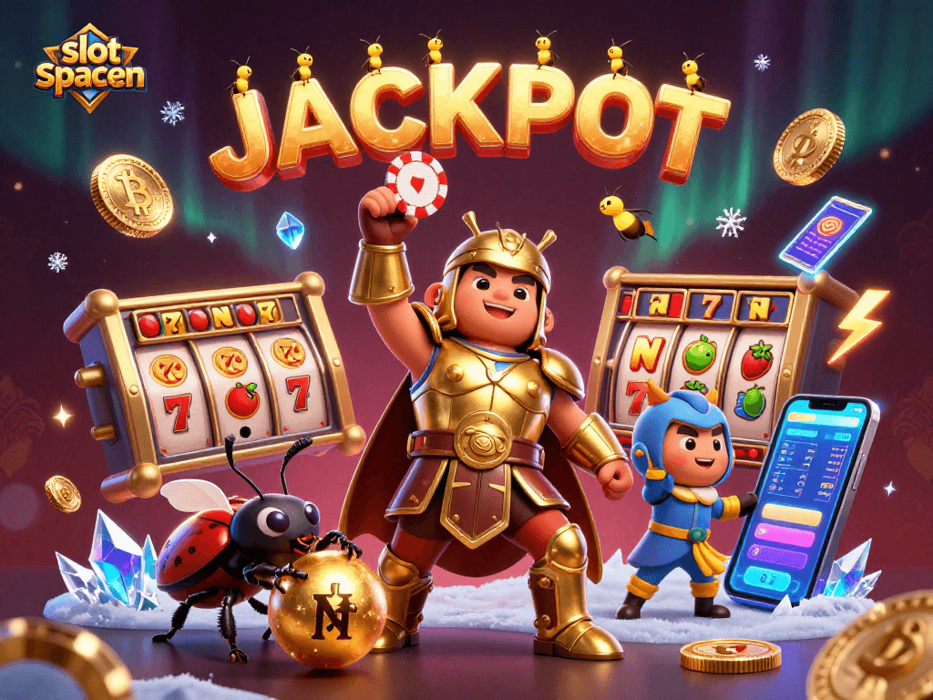 Engage with the slot spaceman as he triumphantly raises a poker chip, amidst vibrant casino elements!
