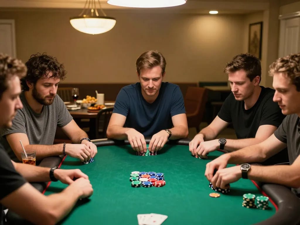 Players enjoying Lô Đề in a friendly home poker game, focused on strategy and interaction.