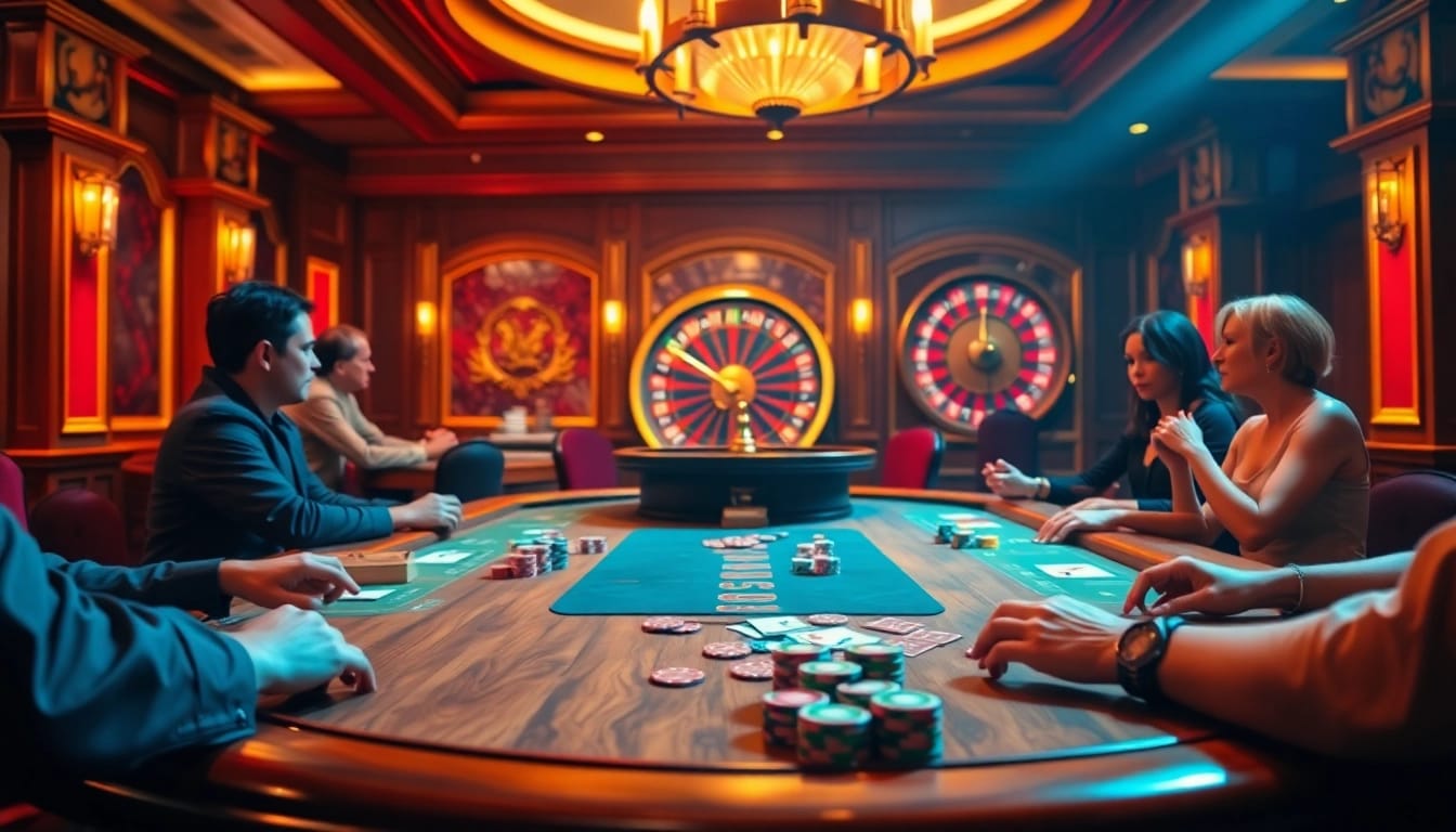 High-stakes poker game at a luxurious casino, inspired by https://s666hn.com/ for thrilling gambling moments.
