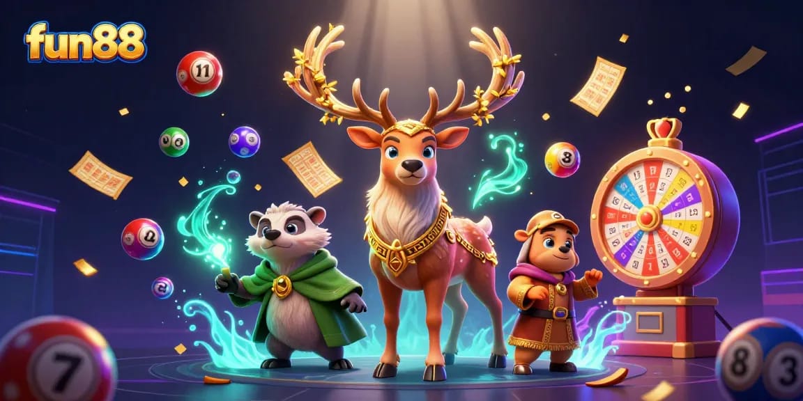 Win big at fun88 with vibrant lottery balls and a captivating casino scene featuring mystical characters.