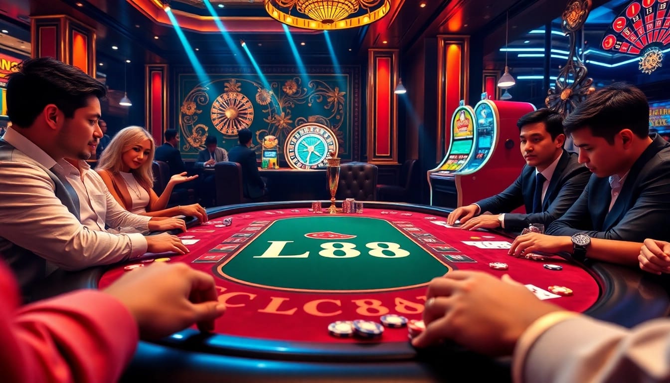 Experience the thrill of LC88 at a luxurious casino poker table with vibrant chips and cards.