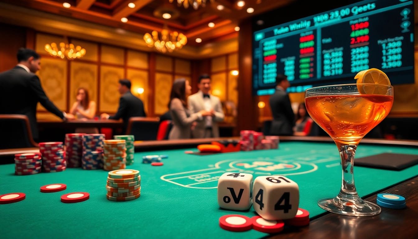 Tài Xỉu MD5 game at a casino table with colorful poker chips and enthusiastic players.