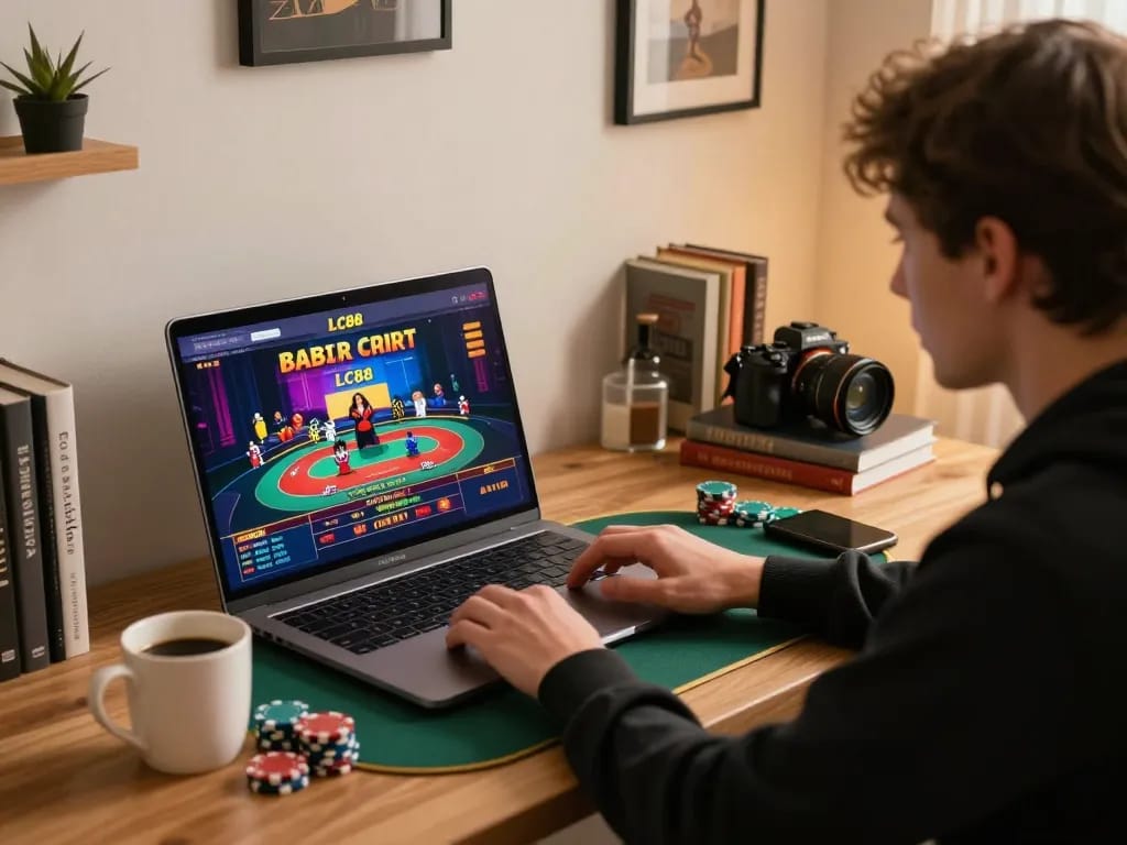Player engaging with LC88 online casino on laptop while managing chips and drinks.