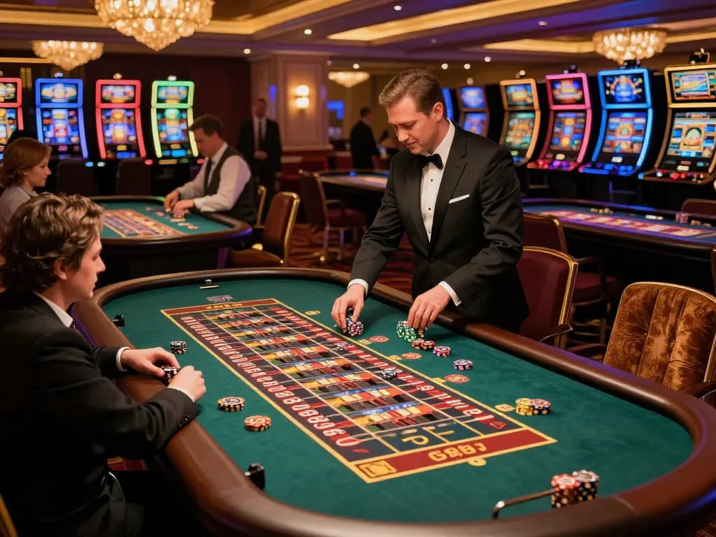 Players engaging in exciting gambling action at SAOBET's luxurious casino floor with roulette tables.