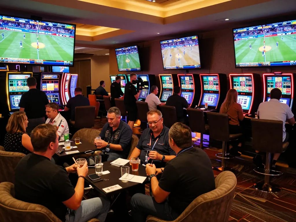 Engaged bettors in the sunwingo sports betting lounge analyzing odds on large screens with lively atmosphere