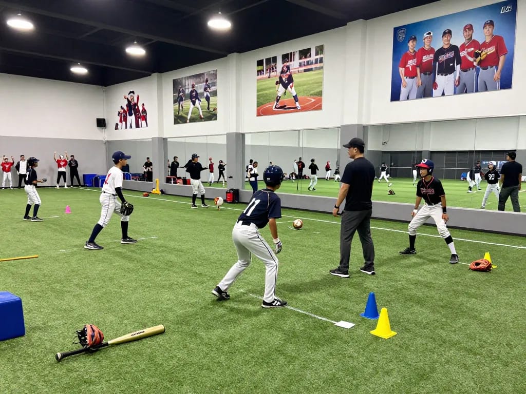 Youth athletes training at Hitclub baseball facility, showcasing teamwork and motivation.