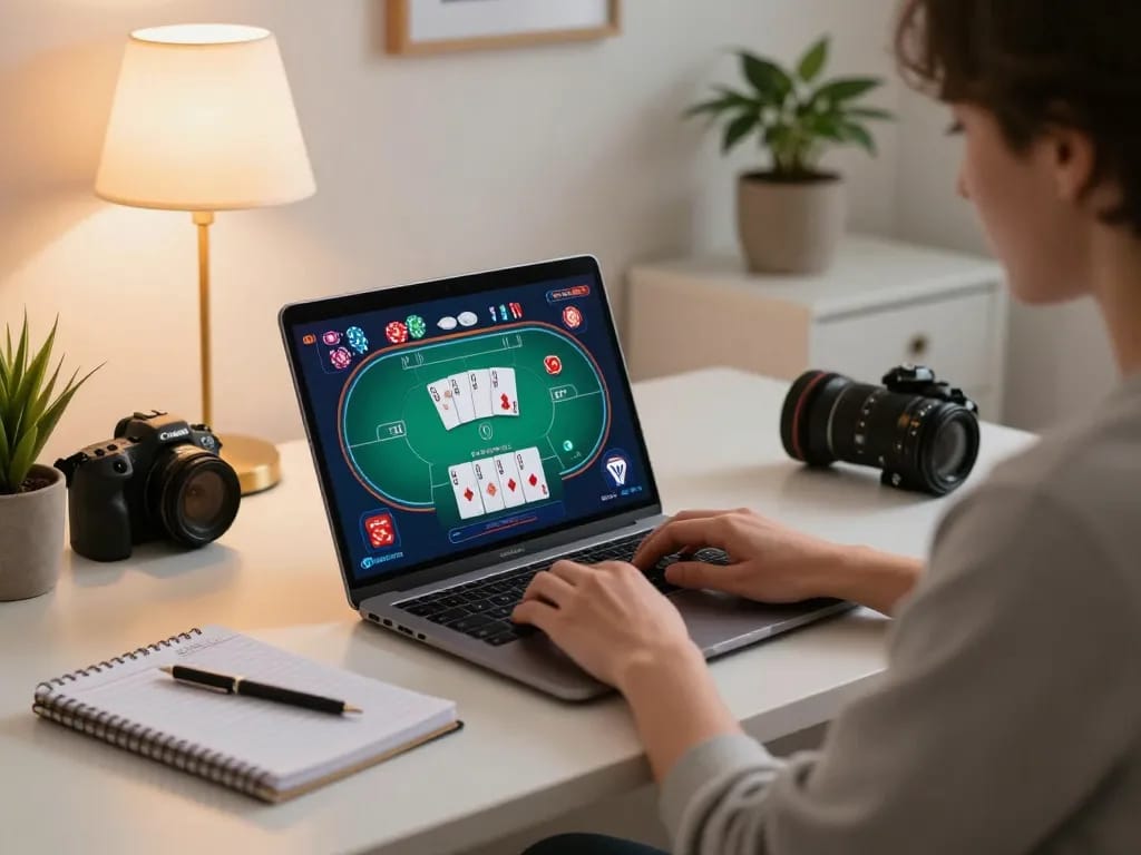 Engaged player experiences cm88 online poker action on a cozy desk setup, blending strategy and entertainment.