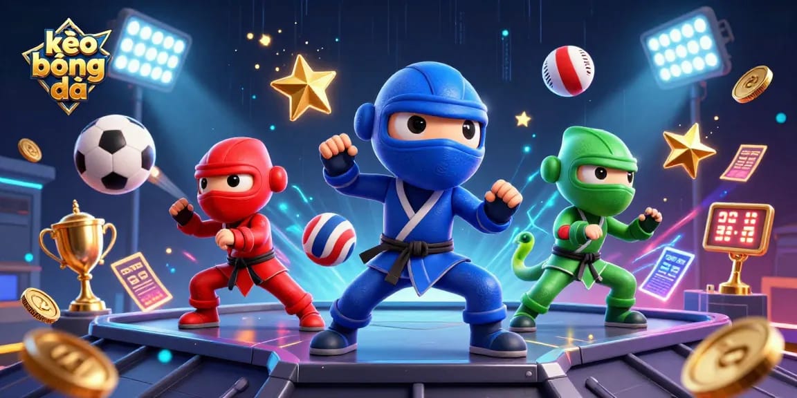 Engaging kèo bóng đá visual with a ninja chameleon team showcasing synchronized action among dynamic sports elements.