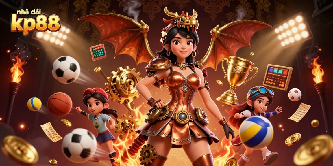 Experience thrilling gameplay with nhà cái kp88 featuring a stunning steampunk woman and a clockwork dragon.
