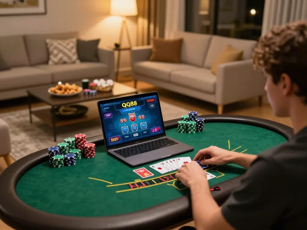 Engaging in live dealer blackjack on qq88 in a cozy home setting