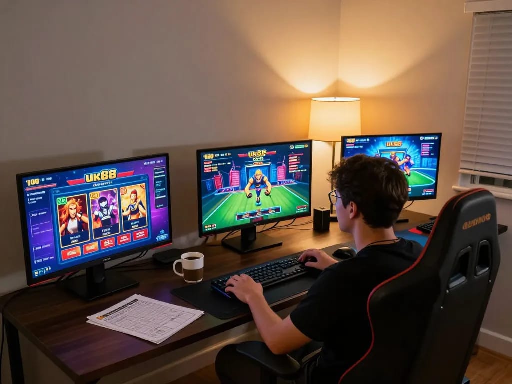 Experience engaging online gaming with uk88 at home, featuring multiple screens and a user-focused setup