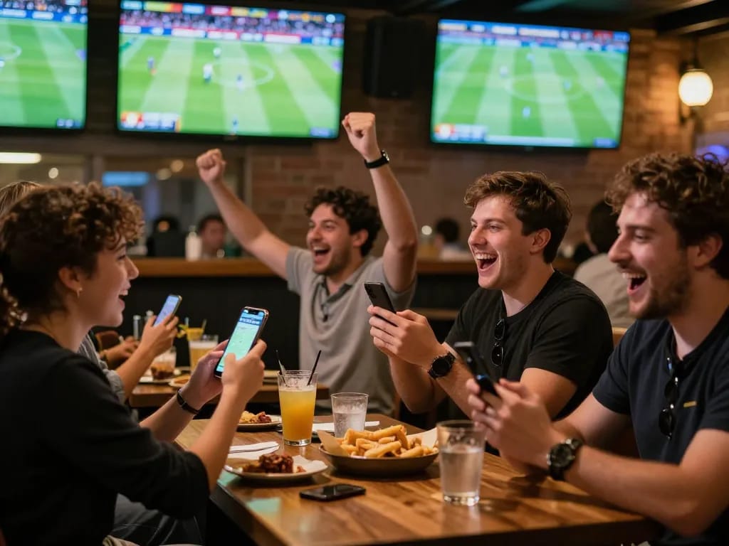 Fans engaging in footballresults betting while watching live match highlights at a lively sports bar