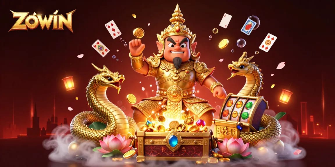 Win big with ZOWIN while encountering vibrant cartoon guardians and rich casino elements.