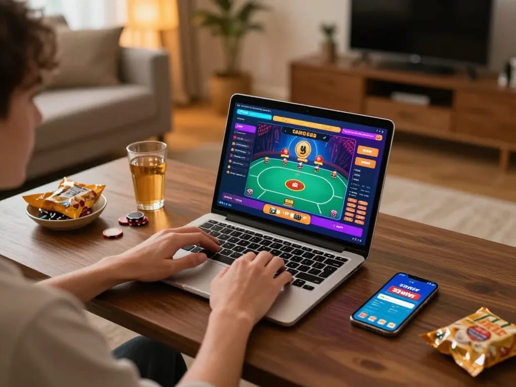 Experience exciting online poker gameplay with 33win app in a cozy home setting.