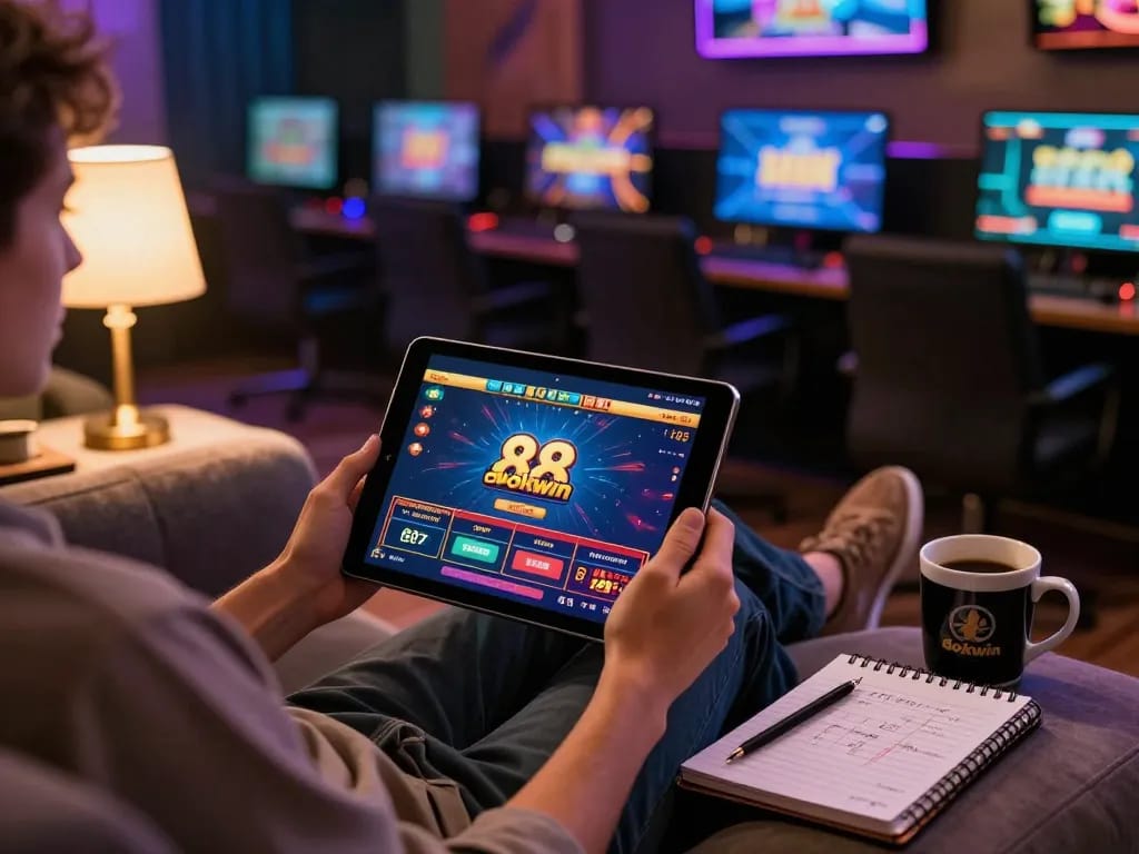 Engaging with 88okwin online casino gaming interface on a tablet in cozy home environment.
