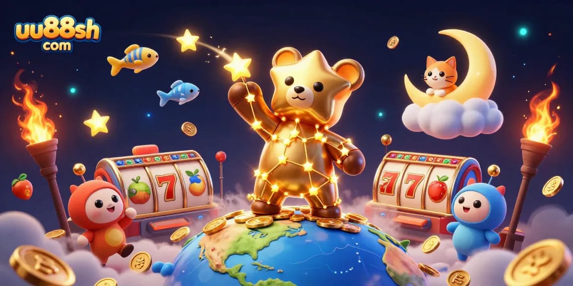Experience excitement with uu88sh com, featuring a cosmic bear and dynamic casino elements.