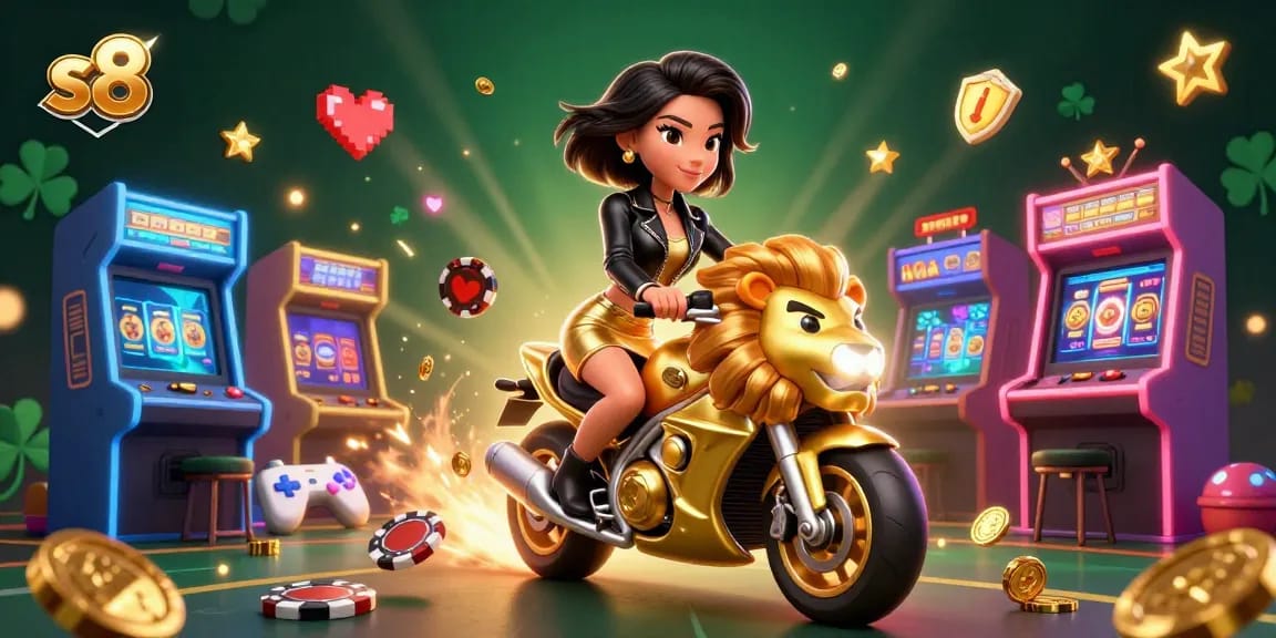 S8 showcases thrilling casino excitement with a glamorous scene featuring a woman on a golden lion mascot amidst vibrant gaming elements.