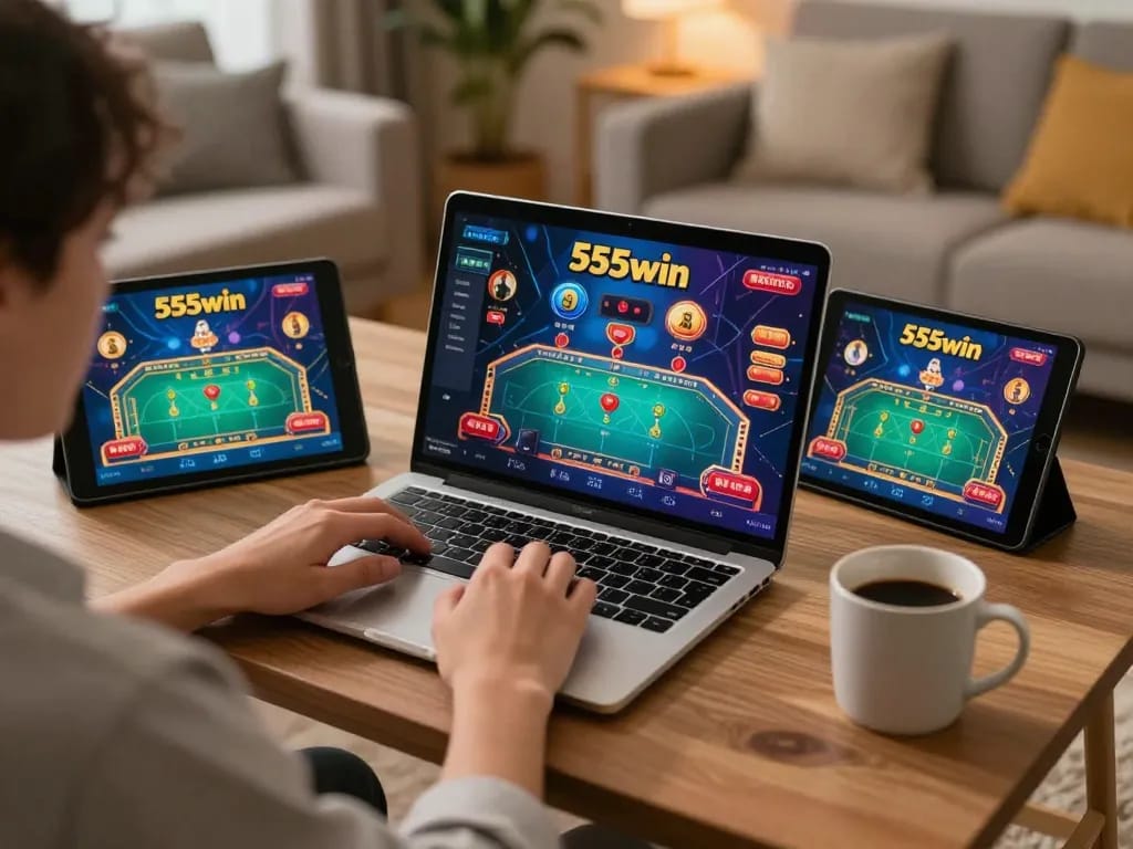 Engaged player enjoying online gambling on 555win platform with tablet and laptop