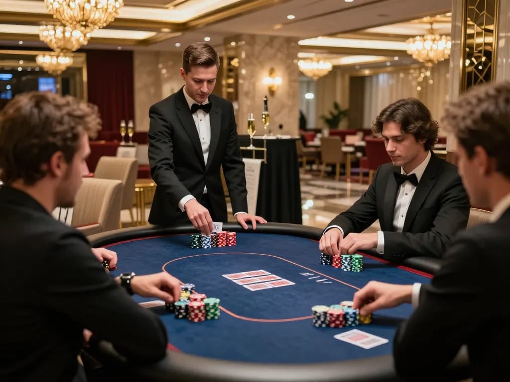 N88 players enjoying a high-stakes poker game in a luxurious casino VIP area, showcasing the elite gambling experience