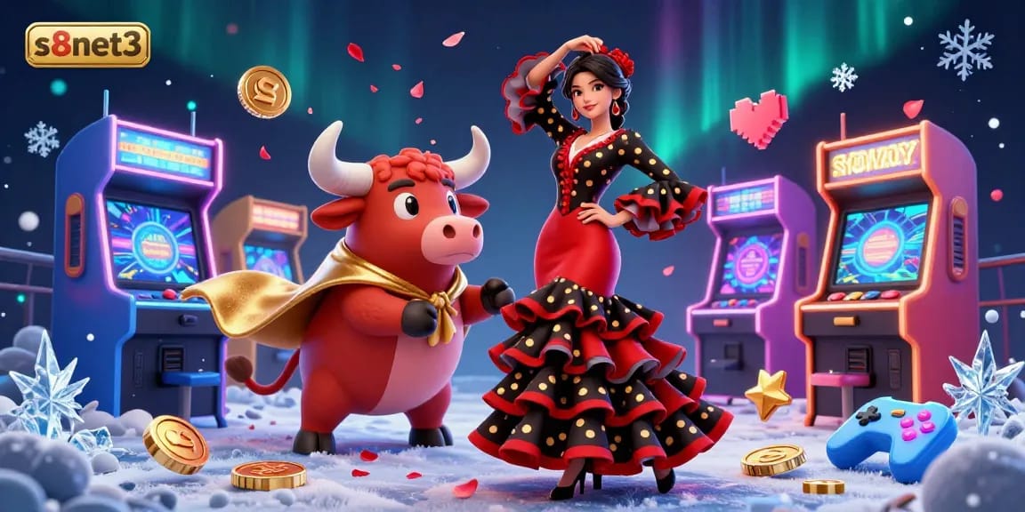 s8net3 promotes an engaging gaming scene with a captivating flamenco dancer and vibrant casino elements.
