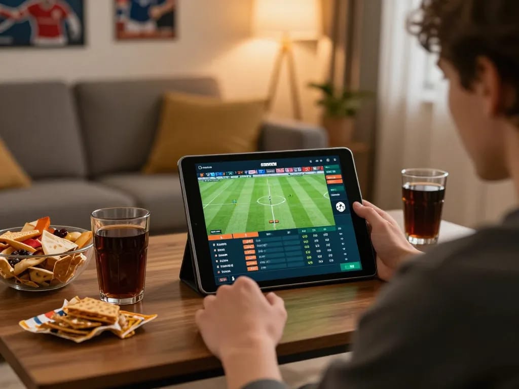Betting on 888top using a tablet in a cozy home environment, surrounded by snacks.