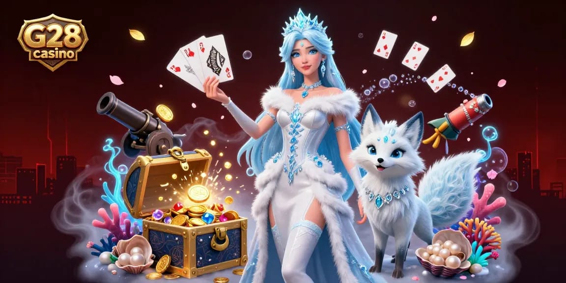 Experience the captivating G28 casino atmosphere with dazzling treasures in this 3D-themed illustration.