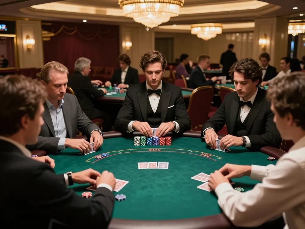 Players engaged in a high-stakes poker game at a luxurious casino, highlighting nk88vip's premier gambling experience.